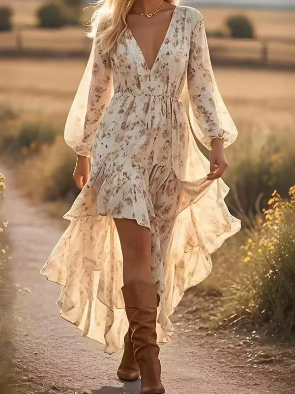 

n V-ne Long Sve Печатная юбка Dr Нерегулярный подол с высокой талией и цветочным узором Повседневная одежда Dr