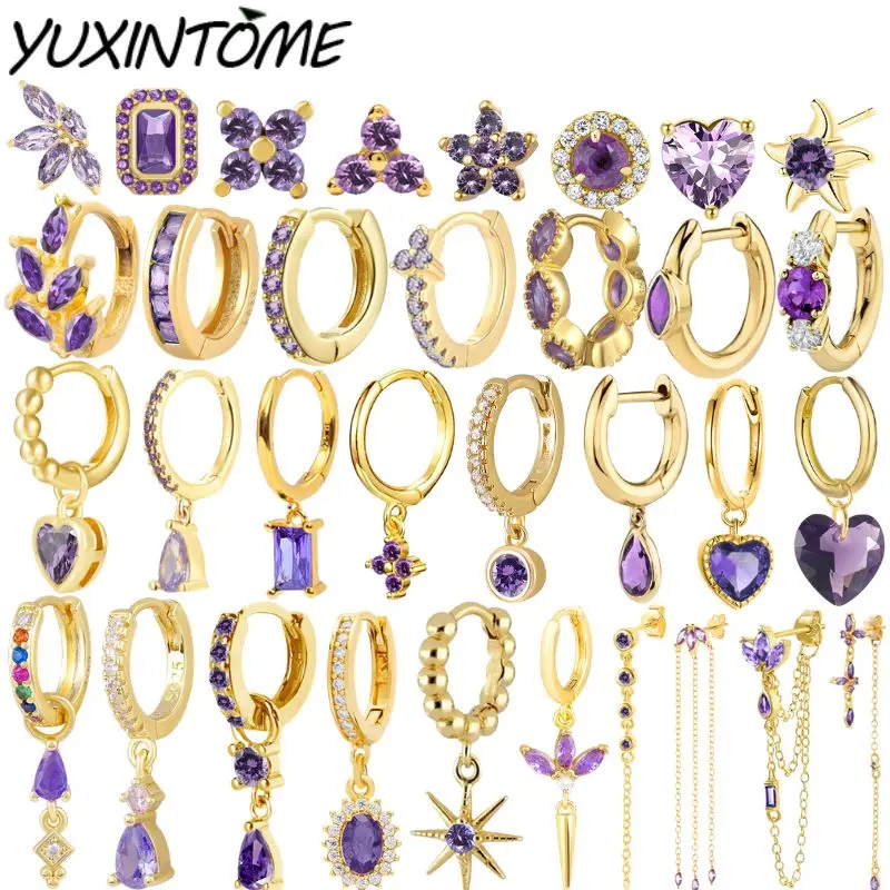 

Women 925 Sterling Silver Ear Needle Purple Zircon Earrings Hoop Earrings Purple Crystal Pendant Earring Fashion Wedding Jewelry