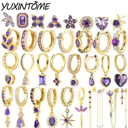 Women 925 Sterling Silver Ear Needle Purple Zircon Earrings Hoop Earrings Purple Crystal Pendant Earring Fashion Wedding Jewelry