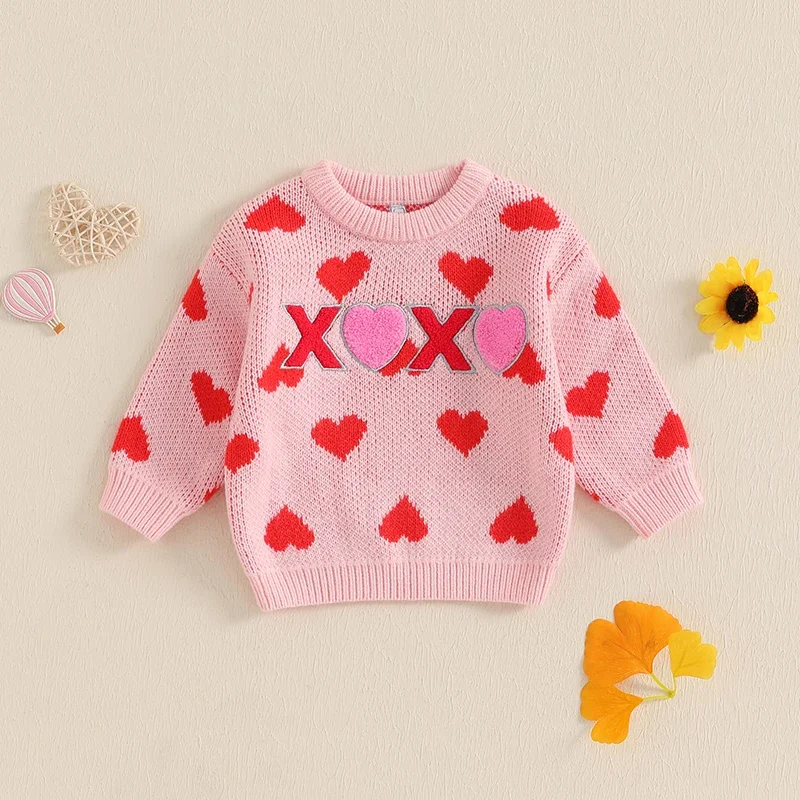 Tregren Valentine's Day Newborn Knit Wear Toddler Knitting Pullovers Tops Infant Baby Girl Heart Letter Embroidery Sweaters