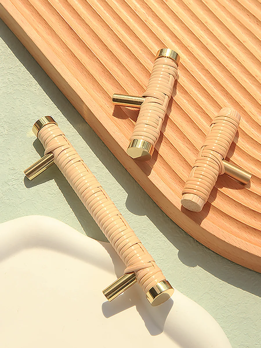 

Rattan weaving Creative T shape Cabinet Handles Brass Modern Wardrobe Pulls Wooden Drawer Cupboard Door Knobs Furniture Hardware