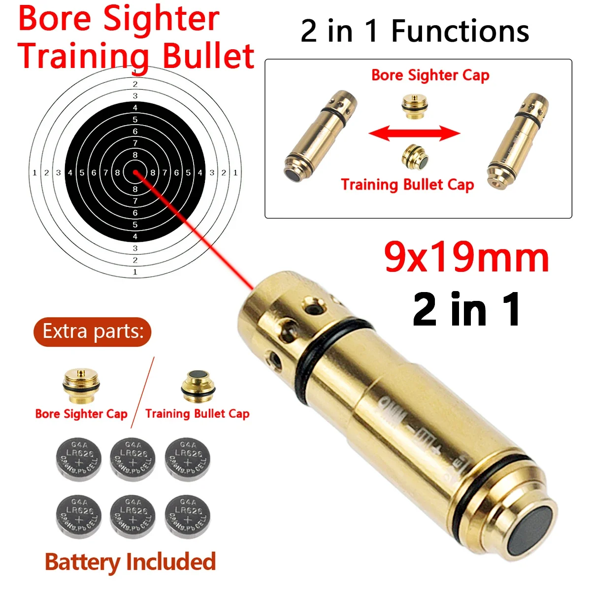 9x19mm Laser Training Bullet or Bore Sight 2 in 1 Dual Purpose Laser Sight Pointer for Dry Fire 9mm Training Laser Bullets 9mm