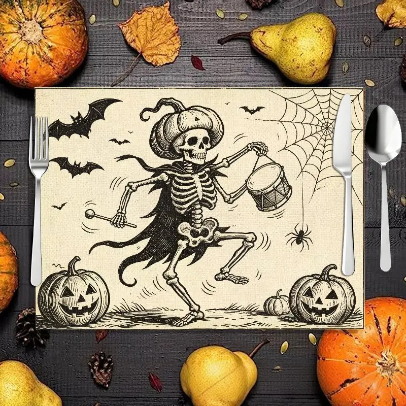 VIKAMA 2/4/6pcs Halloween Table Mat Skeleton goblin Pumpkin Bat Spider Web Table Mat Antique style Table Decoration