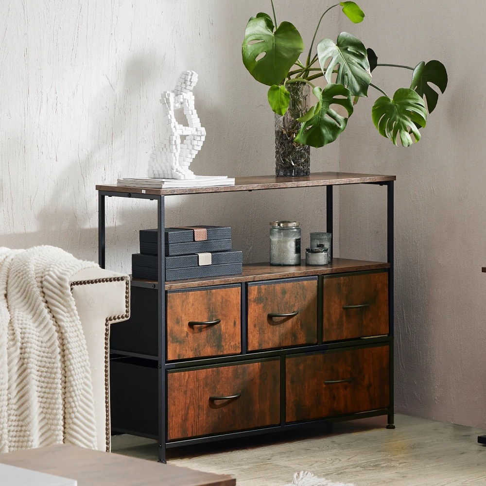 

TV Stand Dresser for Bedroom with 5 Fabric Drawer,Entertainment Center for 45 inch Television,Open Shelf, Adjustable Feet,Brown