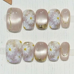 10Pcs Cute Handmade Press On Nails Full Cover Pearls Design Short Round Head False Nails Artificial Manicure Wearable Nail Tips