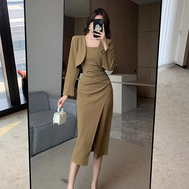 New Vintage Solid Elegant Midi Dresses for Women with Long Sleeved Cardigan Autumn Fashion Party Birthday Dress Korean Style