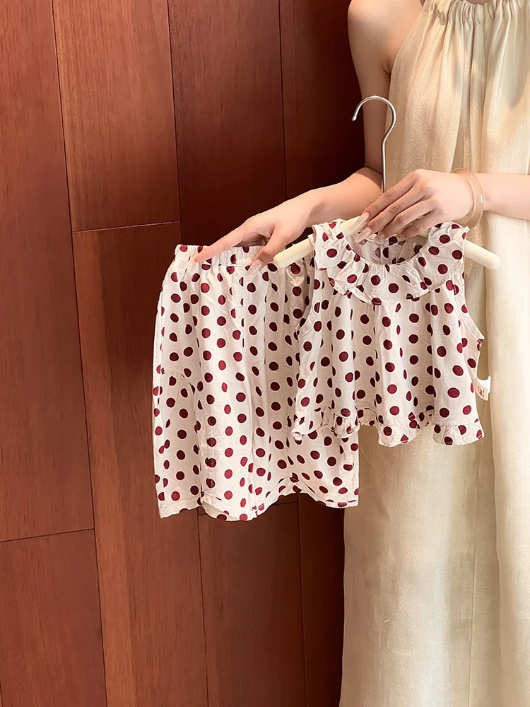 

Summer Polka Dot Outfit for Girls Cute Doll Collar Short Sleeve Shorts Two Piece Set Fashionable Breathable Universal Fit