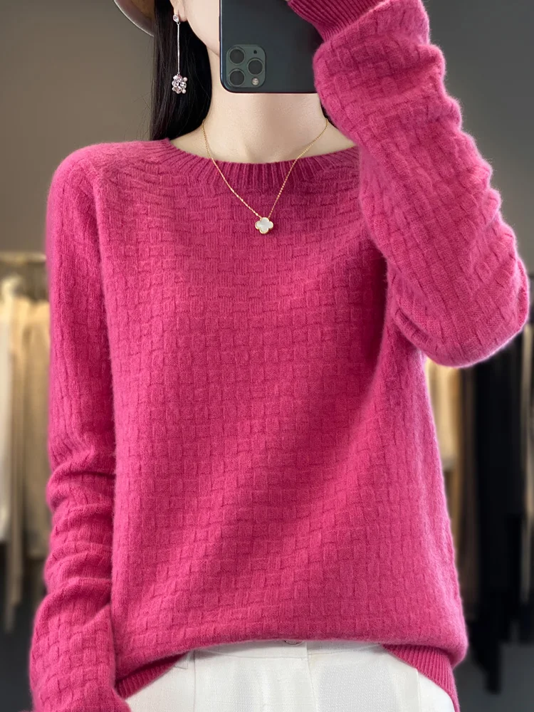 Pull en laine australienne pour femme, pull à col rond, pull à carreaux avec beaucoup de gaufre, pull basique, haut à la mode, automne et hiver 100%