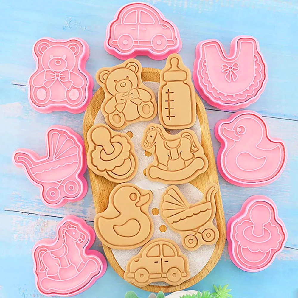 8Pcs Cookie Cutter Stamp Baby Stroller Bottles Bear Theme Dough Plastic Pressable Biscuit Mold Kitchen Baking Pastry Bakeware