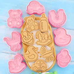 8Pcs Cookie Cutter Stamp Baby Stroller Bottles Bear Theme Dough Plastic Pressable Biscuit Mold Kitchen Baking Pastry Bakeware