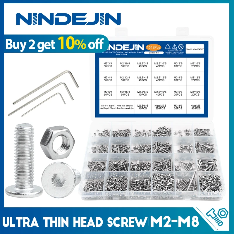 Nindejin Ultra Dunne Kop Schroef Set M6 M8 Roestvrij Staal Socket Hexagon Ultra Low Profile Wafer Kop Schroef Moer Assortiment