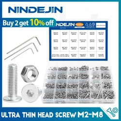 NINDEJIN Ultra Thin Head Screw Set M6 M8 Stainless Steel Socket Hexagon Ultra Low Profile Wafer Head Screw Nut Assortment