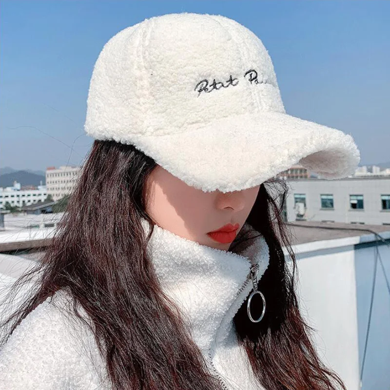 New Lamb Wool Baseball Cap Letter Embroidery Women Sun Hat Lady Girls Outdoor Warm Winter Spring Plush Caps