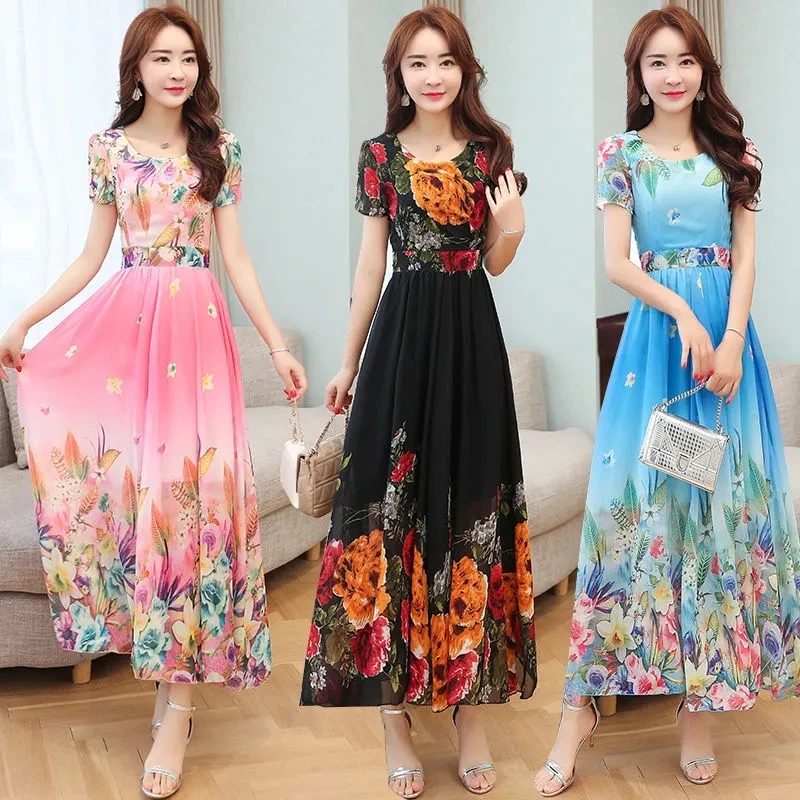 2024 Beach Floral Chiffon Midi Dress Women Elegant Summer Korean Fashion Casual Bodycon Party Evening Long Dresses
