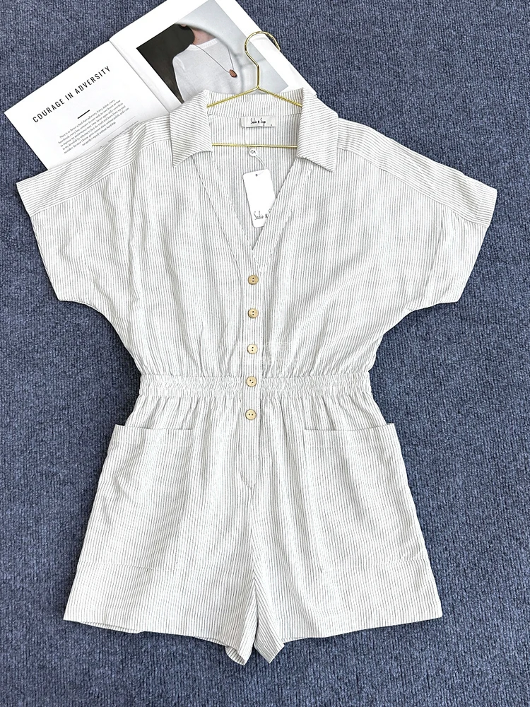 SadiSag 70 جمبسوت قطني مخطط بأزرار وخصر ort Sve Rer عالي الخصر غير رسمي للنساء