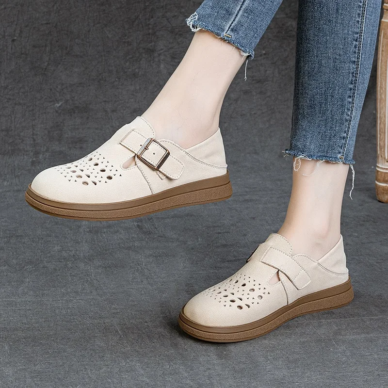 2026 Fashion Women Genuine Leather Flat Shoes Summer Hollow Out Breathable Round Toe Soft Comfort Slip On Casual Shoes