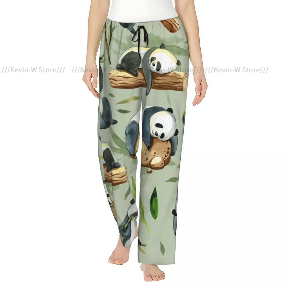 

Women Flannel Pajama Bottoms Soft Fleece Watercolor Panda With Stone Green Splash And Leaves Sleep Pants with Drawstring Waist