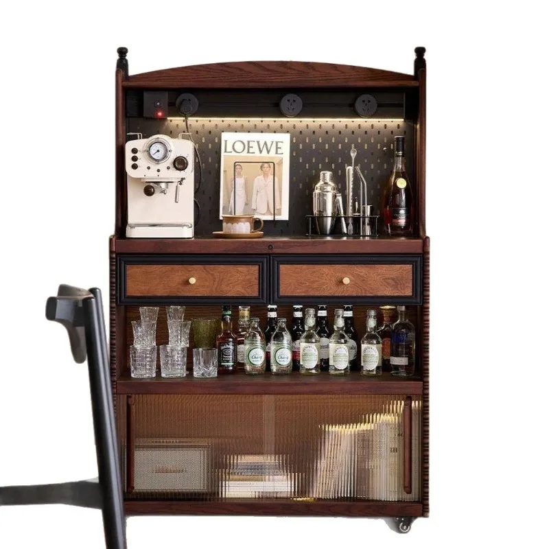 

Retro French Style Solid Wood Sideboard with Wheels for Dining Room Storage Organizer Bar Cabinet Coffee Machine Stand