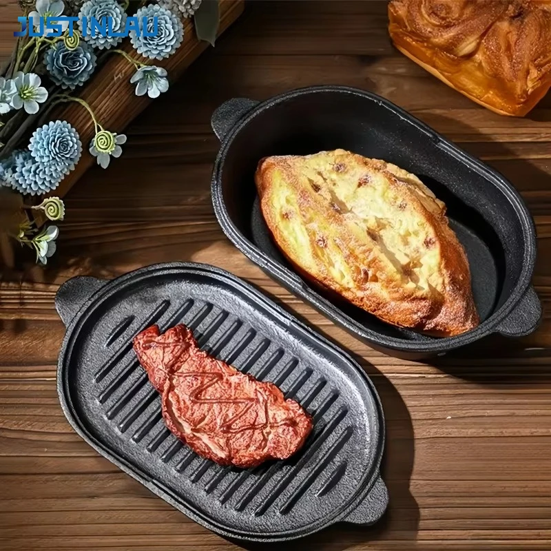 JUSTINLAU Oval Cast Iron Bread Baking Pots and 2 in 1 Flat Bottom Frying Pans Set Griddle Pan Kitchen Multi-use Steak Bread Pot