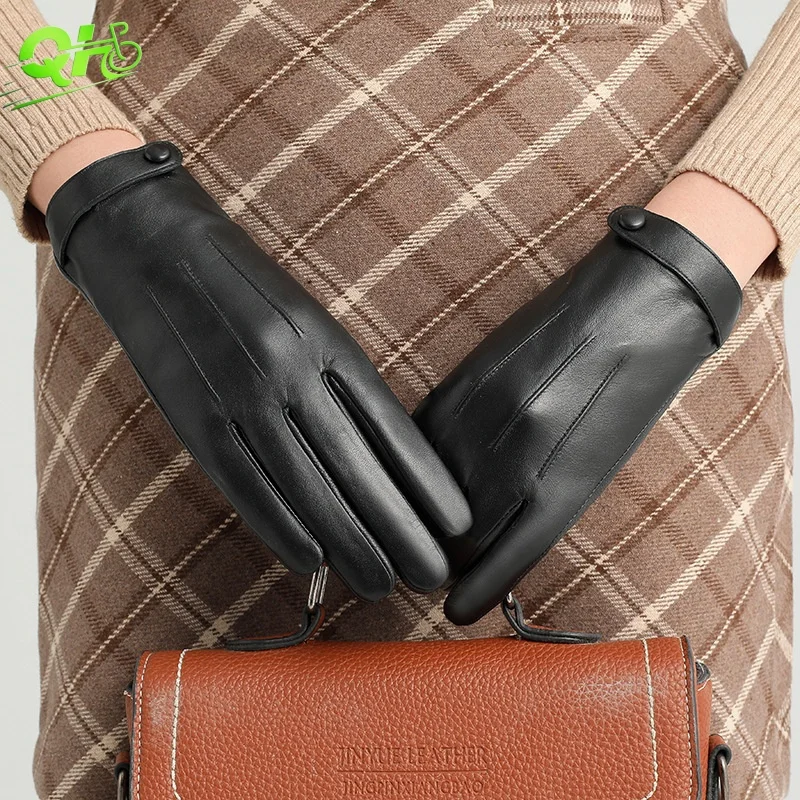 

Leather Gloves Women's Electric Bike Driving Velvet Lining Touchscreen Classic Autumn Winter Warmth Sheepskin Elegant Gloves