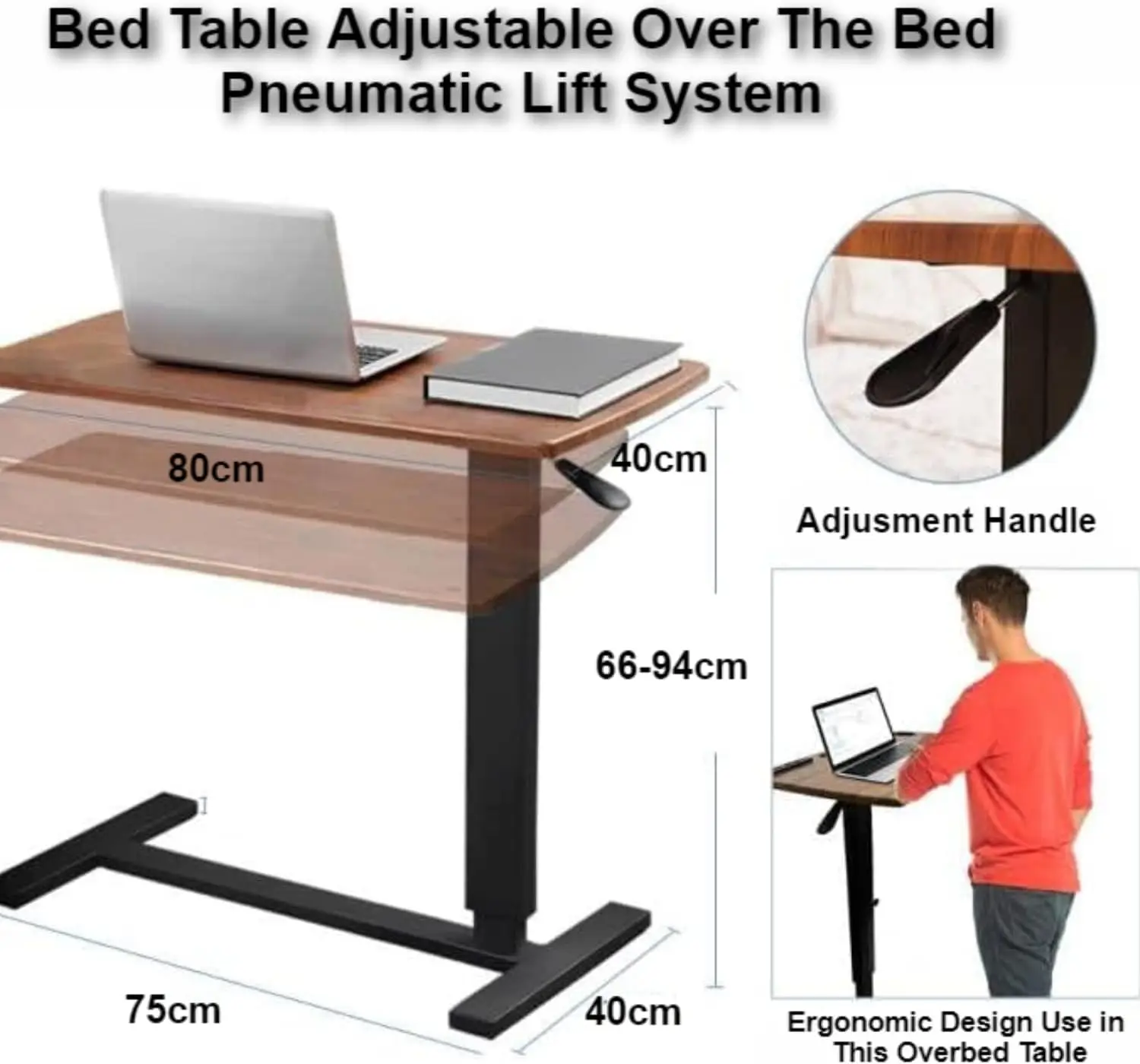 Wood Grain Overbed Table with Swivel Hidden Wheels, Pneumatic Adjustable Height Rolling Laptop Desk, Foldable Hospital Bed Table