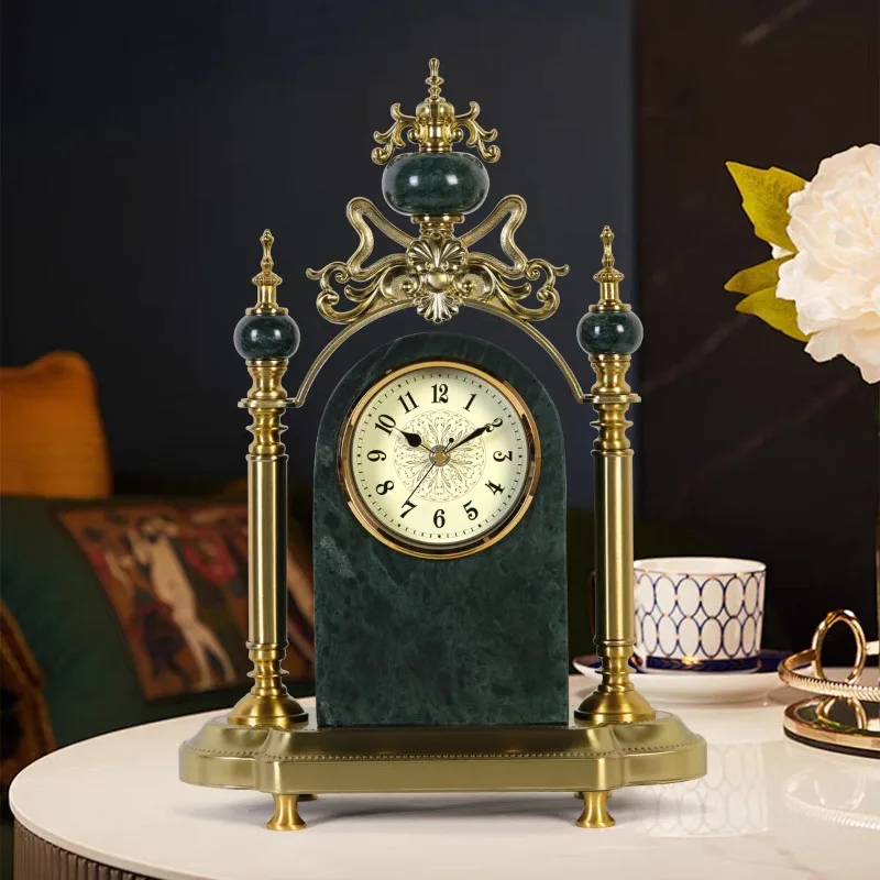 Classical Table Clock Green Ornate Marble Desk Clock Luxury Ceramic Desktop Clocks Home Villa Gold Metal Decorative Watch