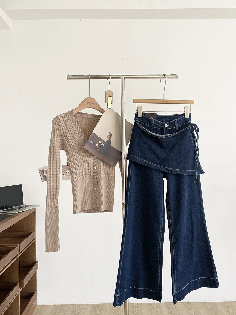 

Весна 2026: Женские джинсы с высокой талией и широкими штанинами в корейском стиле, имитация двухслойности, элегантные, из полиэстера