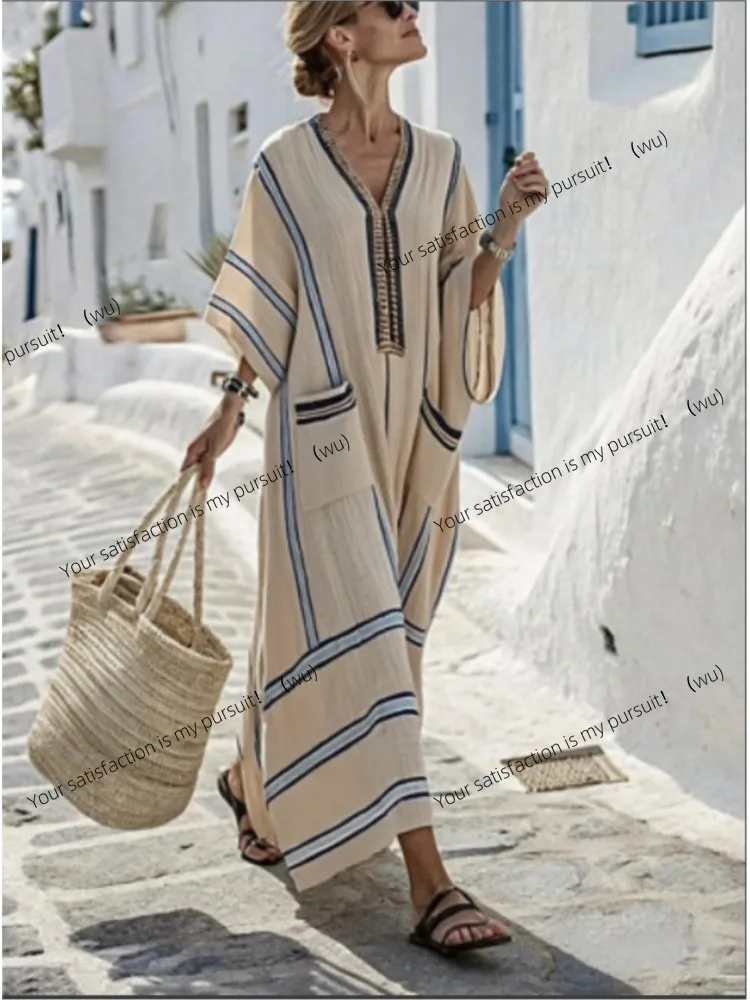 Neue Sommer Große-größe Gestreiften Druck Lange Große-speichen V-ausschnitt Kleid Modische Beiläufige Lose Elegante Tasche Kleid Frauen