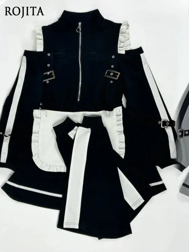 

Maid Style Two-Piece Set Japanese Subculture Dress Spring New Zip Up Dress Sports Wind Black and Grey Maid Outfit with Leg Cover
