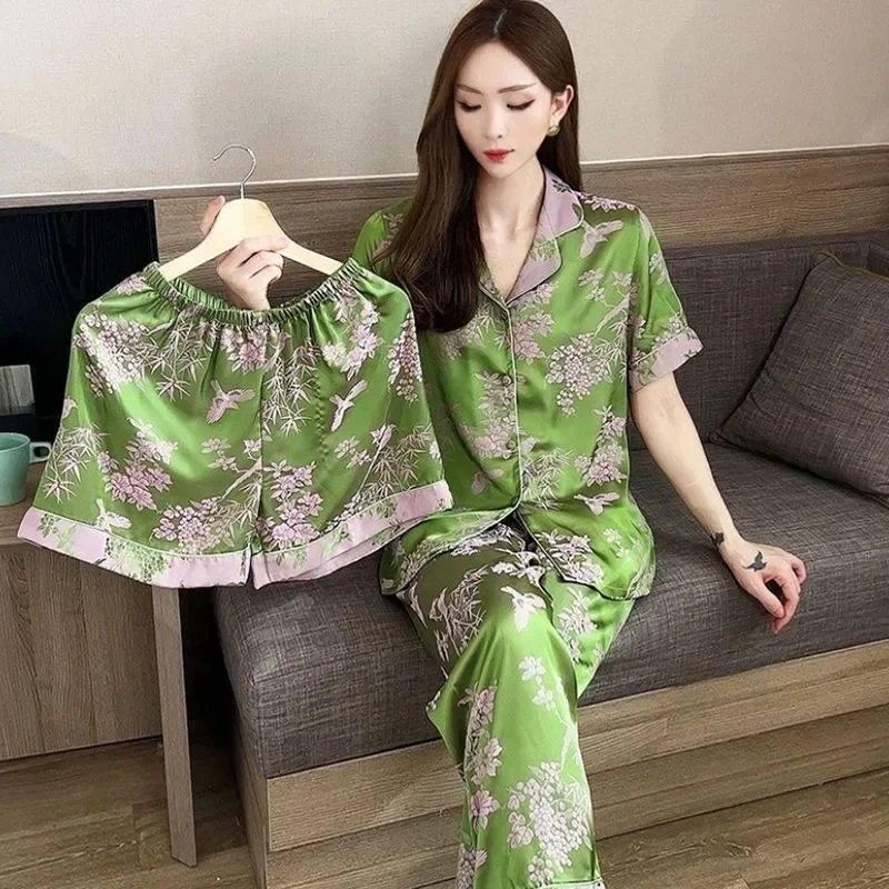 Thin Short Sleeve Long Pants Can Be Worn Outside Imitated Silk Ms. Loungewear Ice Silk Pajamas Three-piece Set Spring and Summer