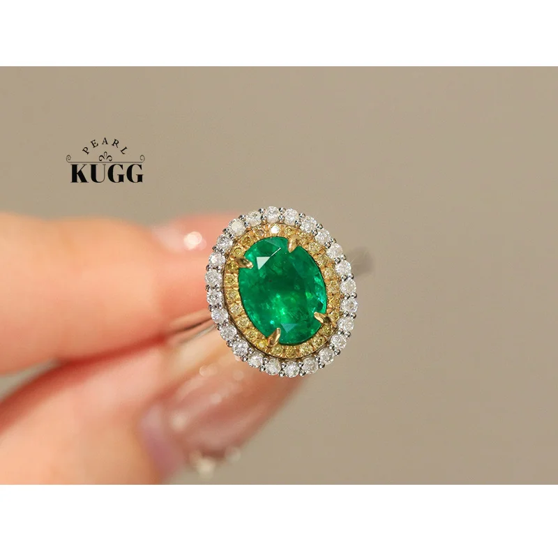 

KUGG 100% 18K White Gold Rings Shiny White&Yellow Diamond Natural Emerald Engagement Ring for Women High Wedding Jewelry
