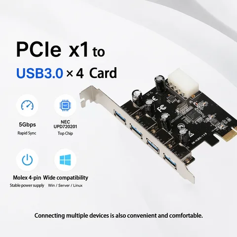 BZIZU PCIe X1 to 4 Port USB 3.0 Expansion Card USB-A Type A, NEC UPD720201 Chip, 5Gbps, Molex Power, Win 11/10/7 & Linux Etc.