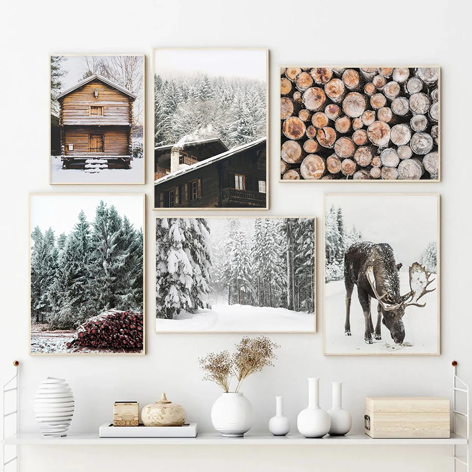 Nordic Winter Snow View Forest Stream Log Cabin Elk Animal Christmas Poster Canvas Paintings Wall Art Pictures Home Decor