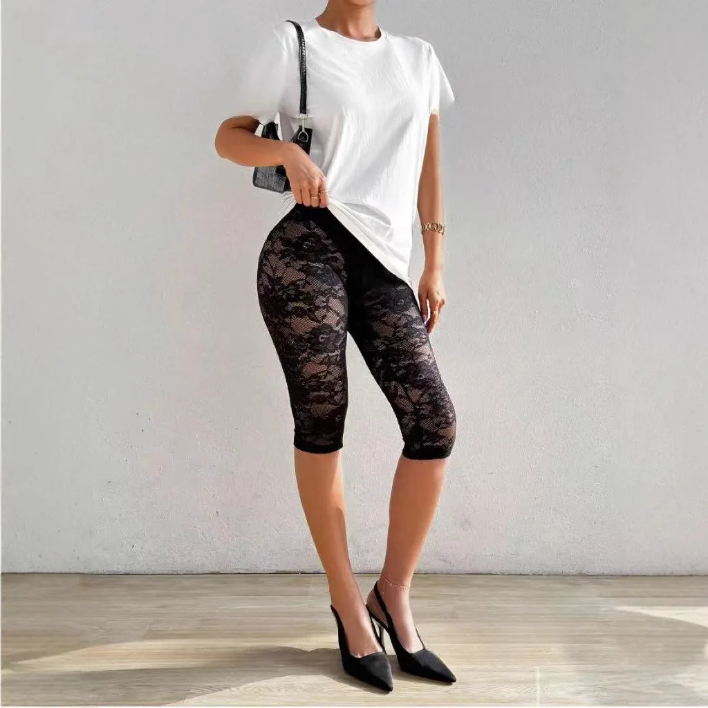 Black Lace Leggings Women's Sensual High-Waisted Sheer Cropped Trousers Lace-Up Holiday Casual Base Layer Trousers
