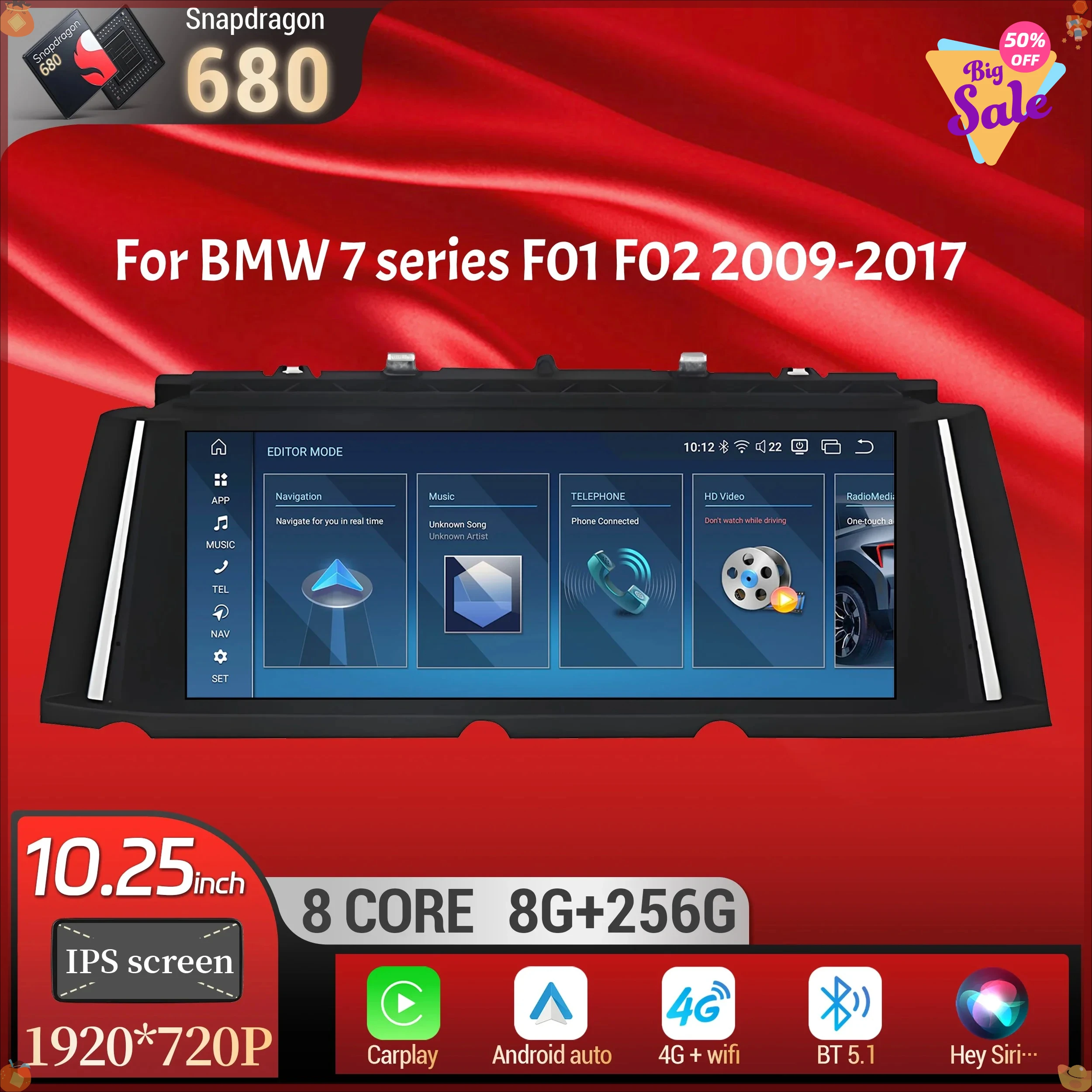 

10.25 inch For BMW 7 series F01 F02 2009-2017 Android 14 Car Radio Wireless Bluetooth Carplay Snapdragon 680 Head Unit Screen