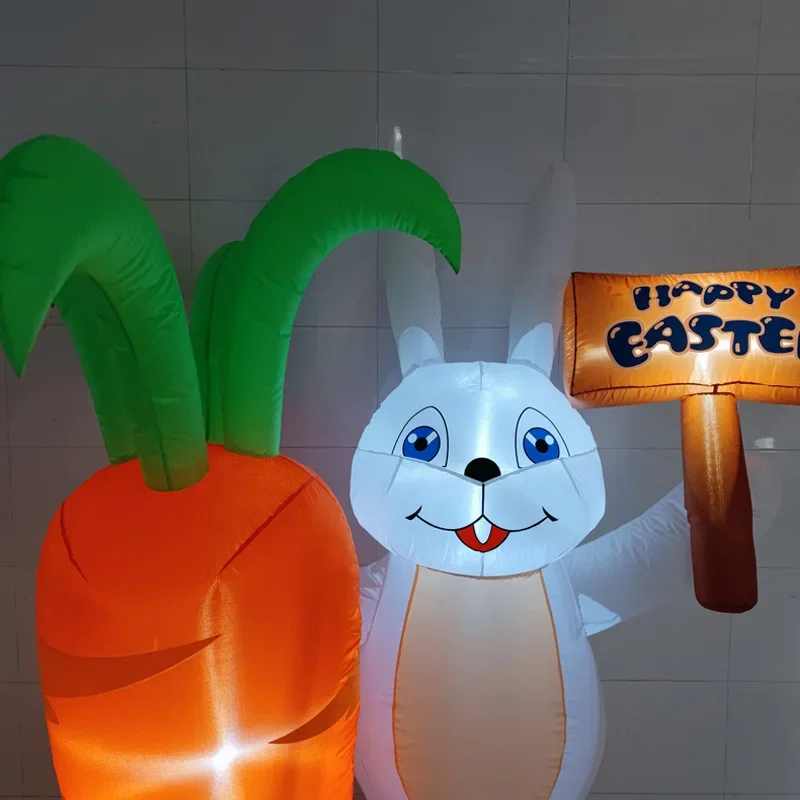 Easter Inflatable Toys Carrot Bunny with Happy Easter Sign Built-in Lights Blow Up Outdoor Indoor Holiday Party Home Decoration