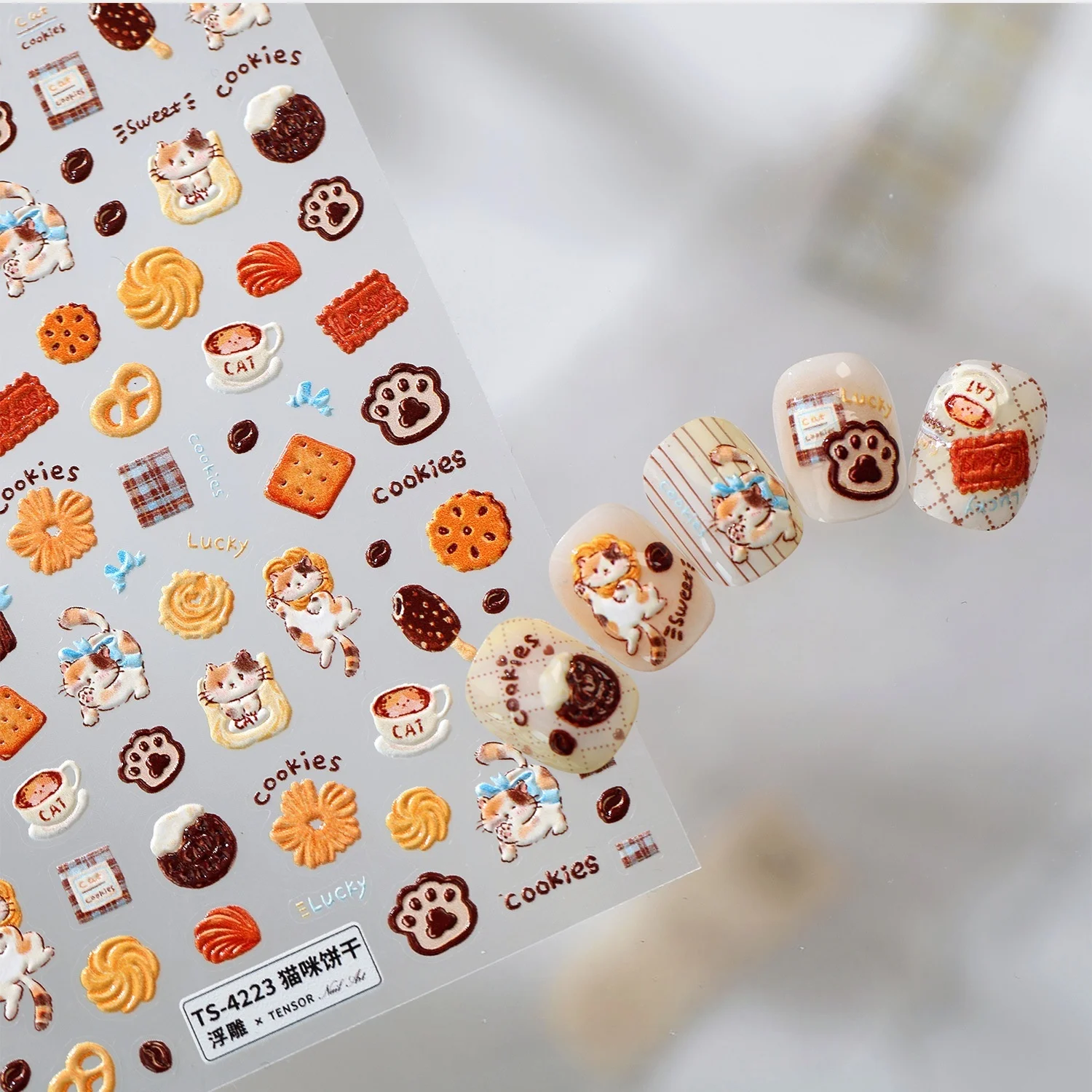 Kawaii Pet Dessert Nail Decals 5D Ginger Cat Biscuit Chocolate Popsicle Check Cloth Coffee Mug Paw Mark Cookies Nail Art Sticker