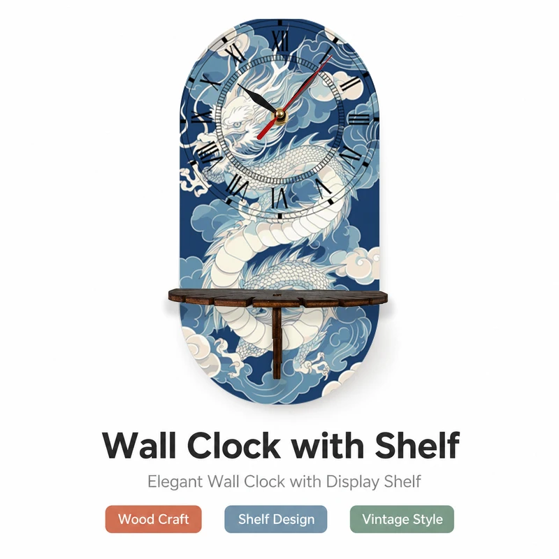 Dragon Soaring Through Clouds Classic Wooden Wall Clock, Blue White Ink Wash Dragon Pattern with Roman Numerals, Blending Orient