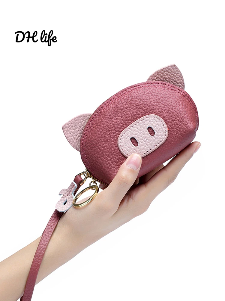 

Cute Pig Head Top Layer Cowhide Leather Coin Purse Clutch Bag for Women Key Holder Creative Festival Gift Ideas