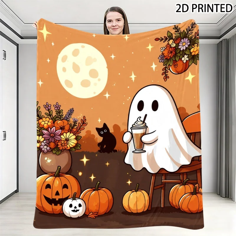 Whimsical Halloween Fall Themed Throw Blanket with Friendly, Pumpkins & Black Cat Print, Multiple Specifications Available, Cozy