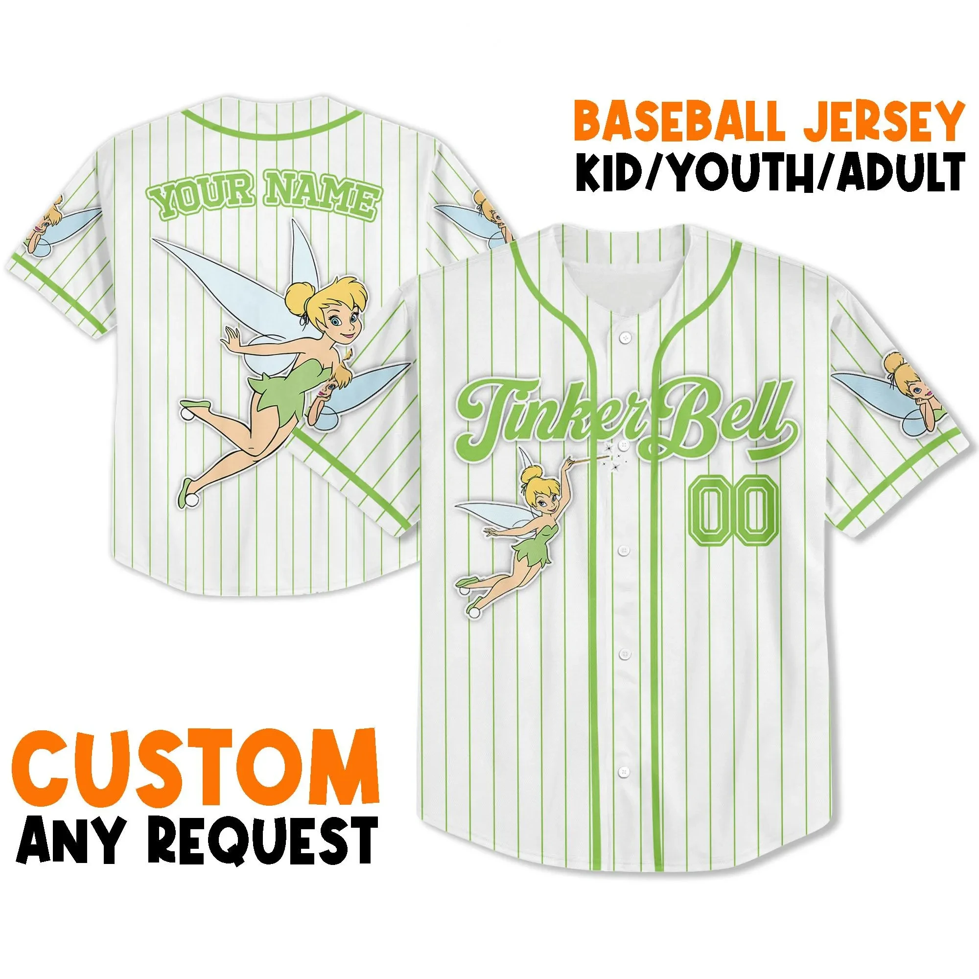 Potdemiel Custom Disney Tinker Bell 야구 유니폼 어린이 청소년 및 성인 유니폼 Princess Match Day 2025 유니폼