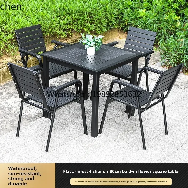 

ZZ Outdoor Plastic Wood Tabletop Courtyard Balcony Garden Villa Open-air Outdoor Table and Chairs