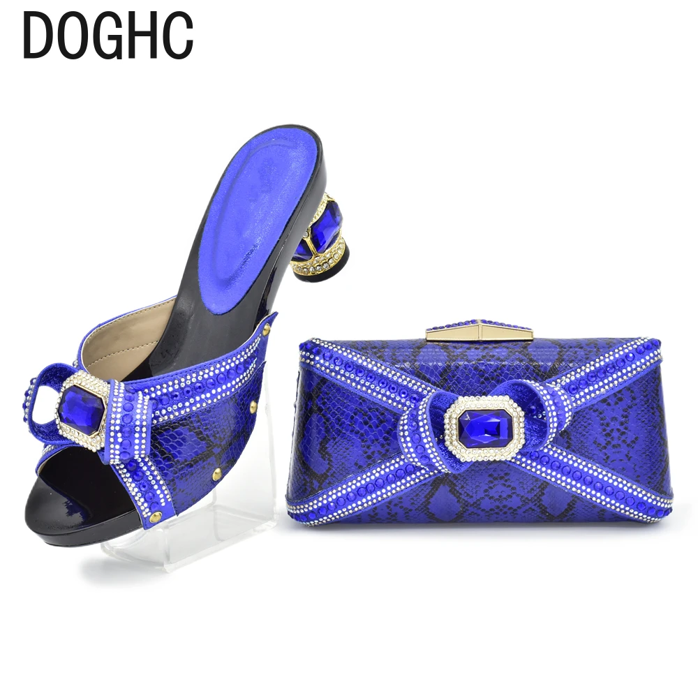 Speical Style Italian Design Ladies Shoe and Bag Set In Blue Color for Party Plus Size Shoes Luxury Rhinestone Women Party Pumps