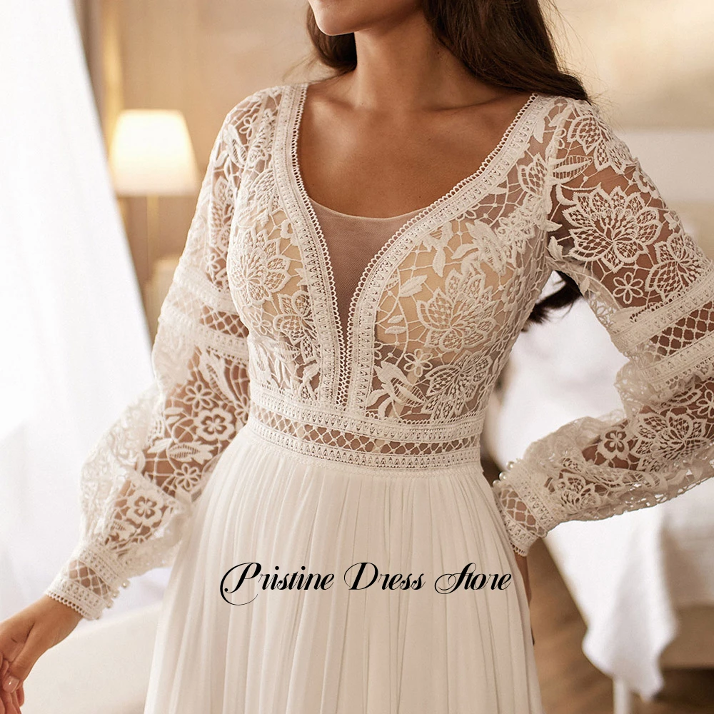 Classic Plus Size Chiffon Wedding Dress Customized V-Neck Corset Lace Long Sleeves Lace Up Back Sweep Train Bridal Gowns