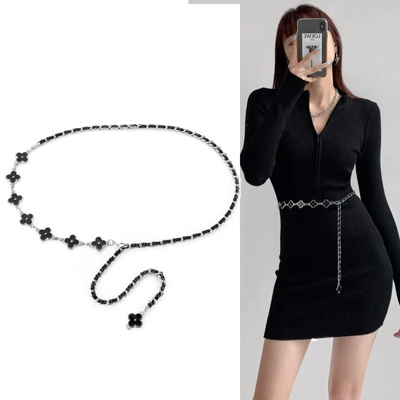 Accessori decorativi per guarnizioni in vita con cintura decorativa per gonna a catena in metallo bifacciale in bianco e nero con quadrifoglio