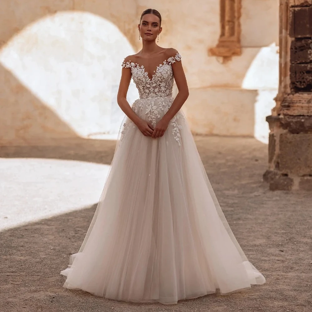 

Boho Sheer O-neck A-line Wedding Dresses for Women Cap Sleeves Appliques Floor Length BridalGown Robe De Mariée Customized