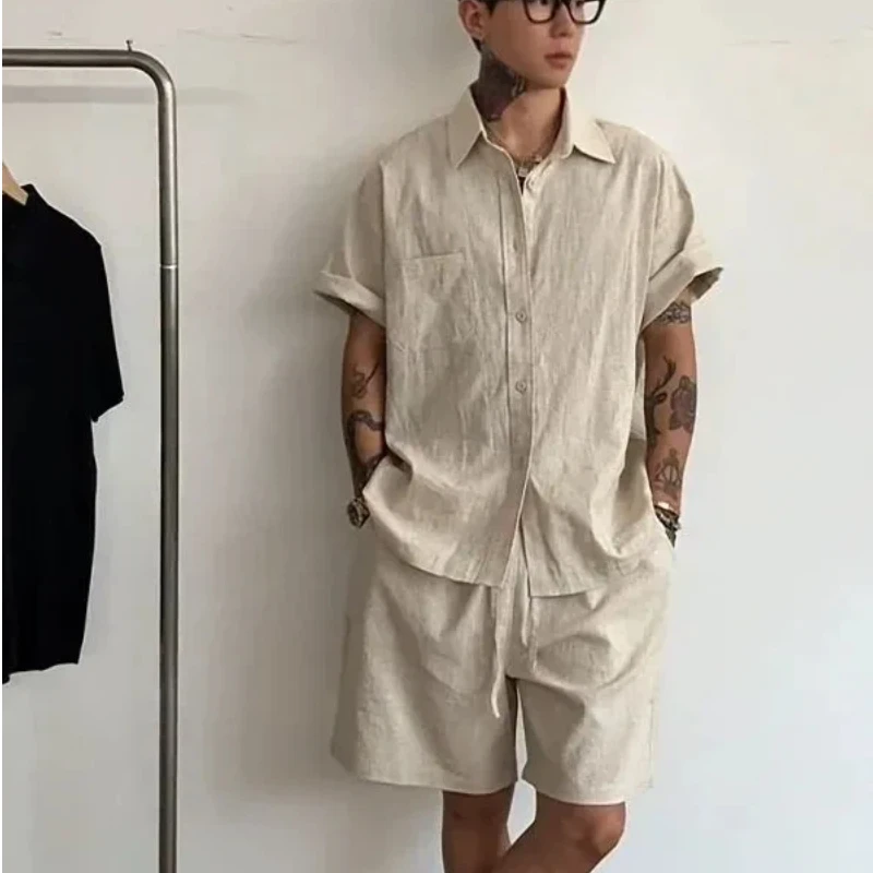 Mens Linen Cotton 2 Piece Set Loose Short Sleeve Shirt and Shorts Summer Breathable Old Money Style Casual Outfit