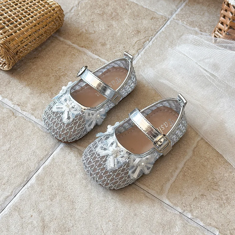 Toddler Girls Lace Bow Mesh Mary Jane Sandals Breathable Hollow Flat Shoes Non Slip Soft Sole Kids Summer Princess Dress Shoes