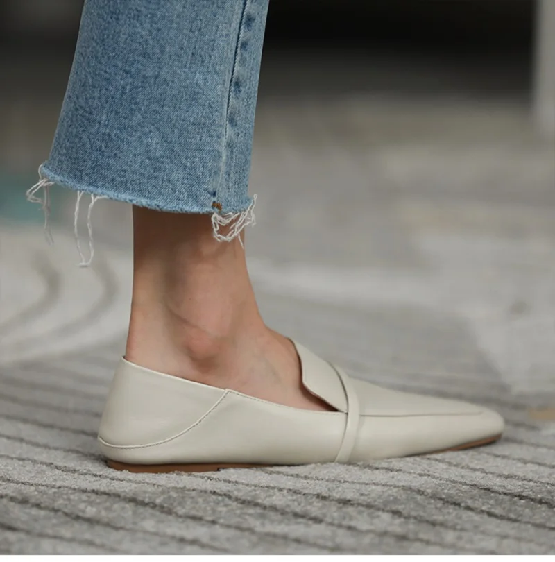 Size 44 Cowhide Square Toe Women Flats Casual Loafers Ladies Shoe Without Heel 1 CM Spring Autumn Mules Female Simple Flats 2022