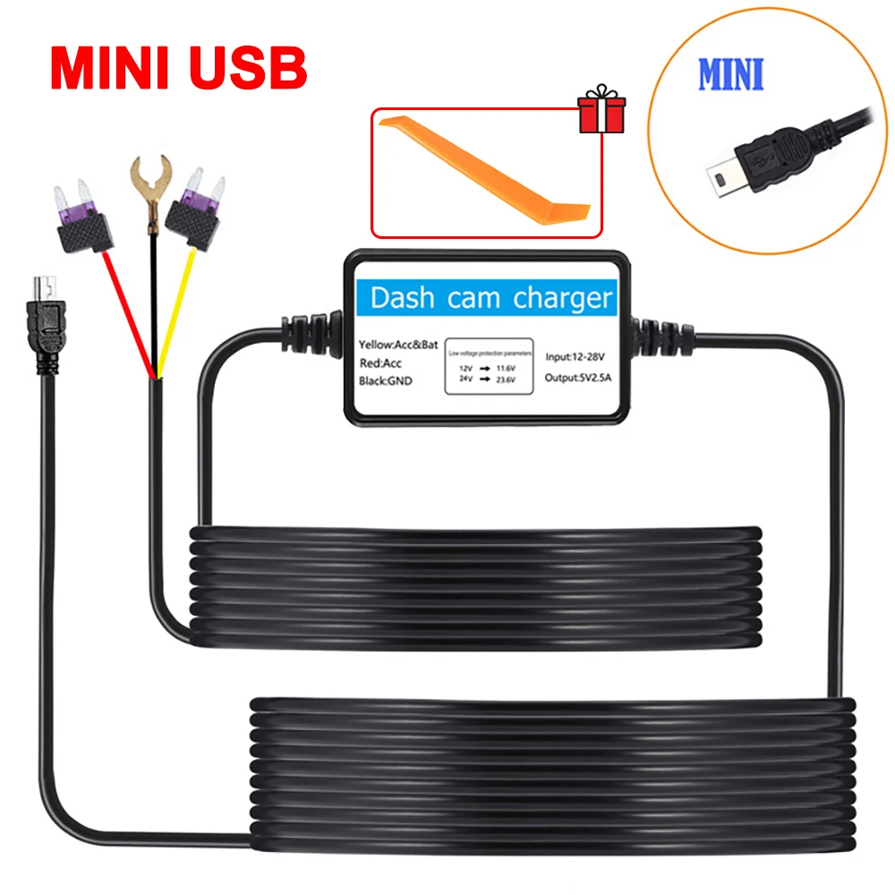 24-Stunden-Parküberwachung, Auto-DVR, Dashcam-Kamera, Hardwire-Kit für Low-Vol-Schutz, Mini-USB-Anschluss, 12–30 V in 5 V, 2,5 A, Autozubehör